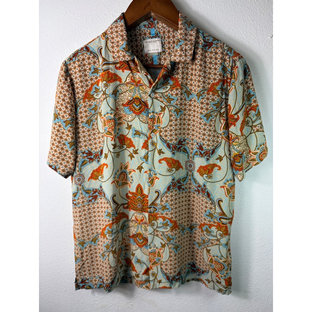 Denim & Flower Mens Shirt XL Blue Paisley Viscose Short Sleeve Button Up Summer